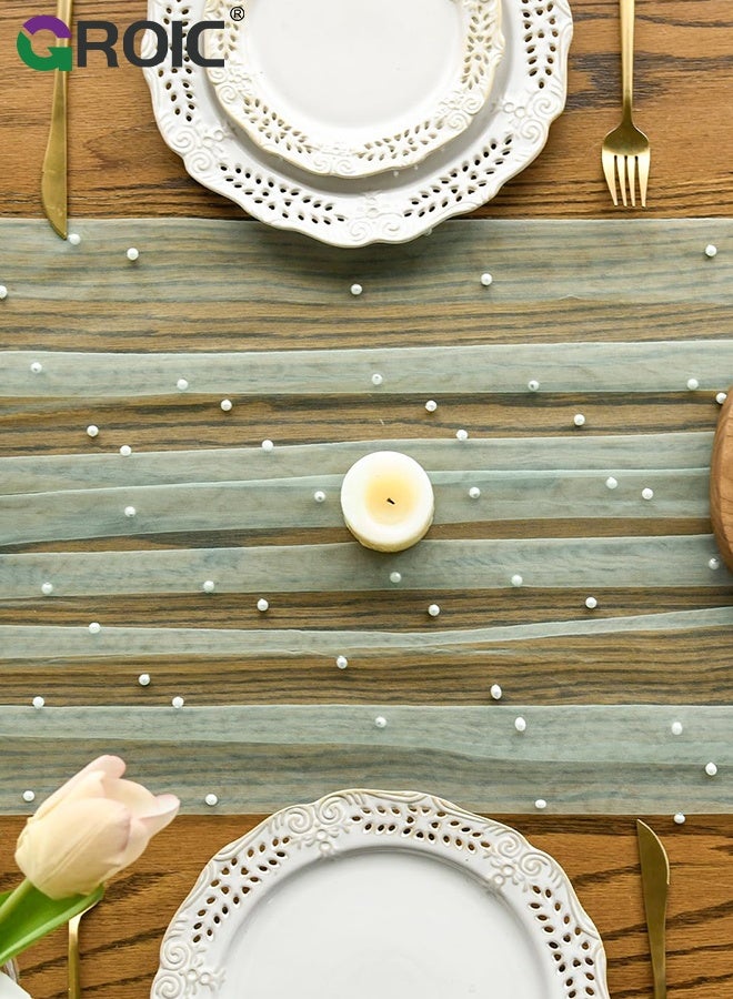 GROIC عداء طاولة لؤلؤي، 75*300 سم، غطاء طاولة شفاف من التول الأخضر، غطاء طاولة حجاب للحلويات، زينة لينة من الدانتيل، زينة طاولة رومانسية، مفارش لحفلات الزفاف، حفلات استقبال المواليد، أعياد الميلاد، المنزل - Image 3